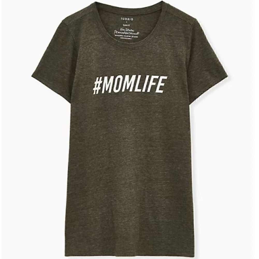 NWT TORRID 00 10W #momlife Crew Tee Triblend Olive M/L Short Sleeve slim fit gra